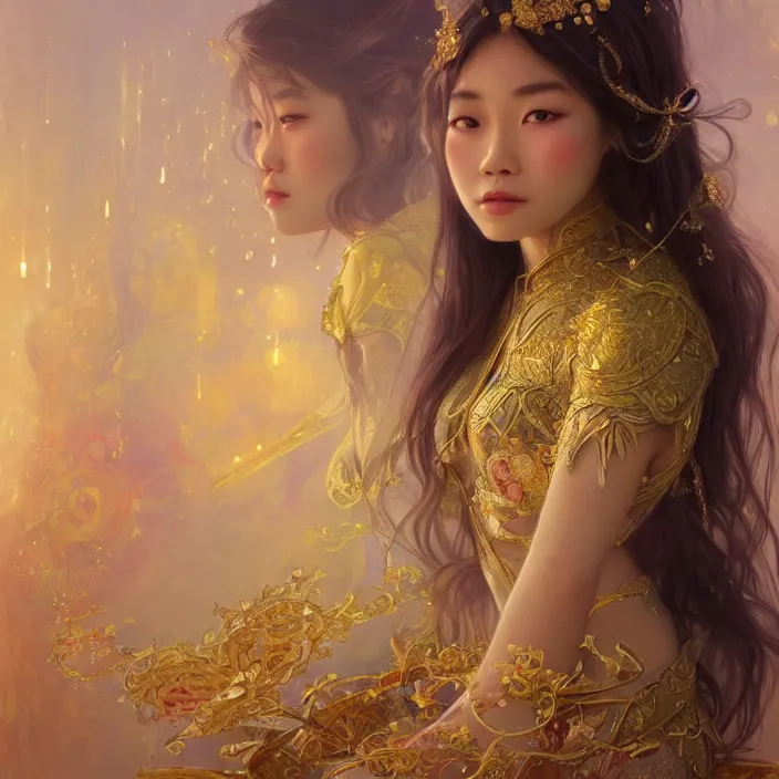 Prompt: asian princess with sparkling eyes, full body portrait, highly detailed, gold filigree, fantasy, soft cinematic lighting, award, disney concept art, watercolor illustration by mandy jurgens and alphonse mucha and alena aenami, pastel color palette, featured on artstation