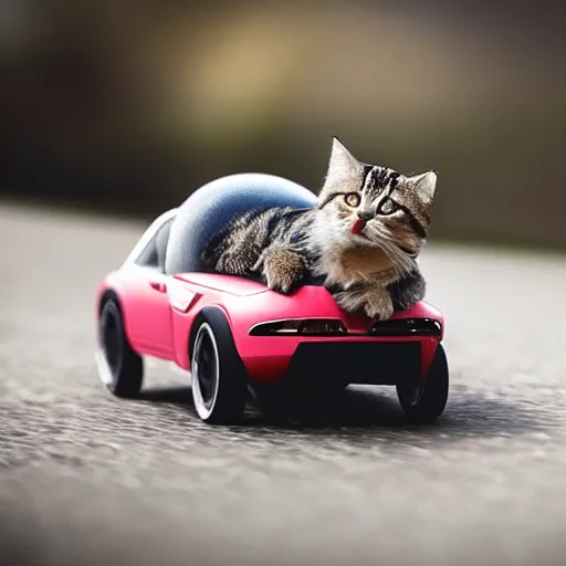 Image similar to cat driving a tiny car being chased by a dog, photo, detailed, 4k