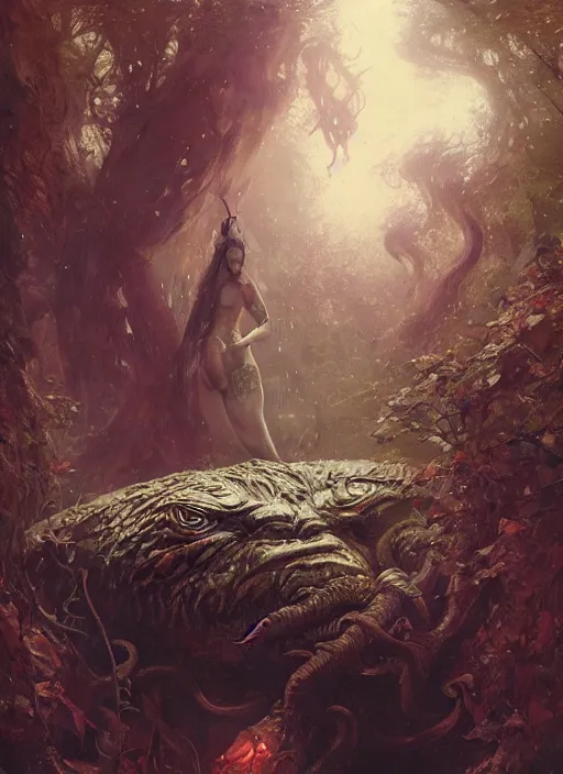 Prompt: my bed is a forest with a giant cthulhu eyes in the dark by gaston bussiere, anna nikonova aka newmilky, greg rutkowski, yoji shinkawa, yoshitaka amano, moebius, donato giancola, geoffroy thoorens, trending on artstation, featured on pixiv, cinematic composition