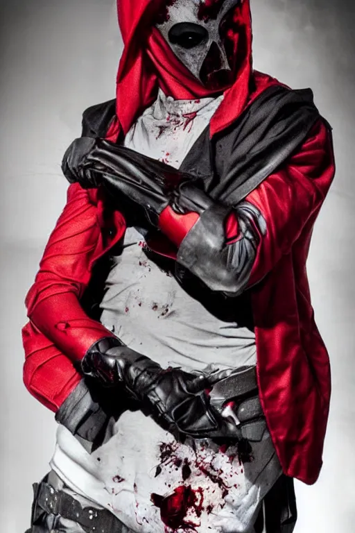 Image similar to red hood cosplay, creepy, disturbing, bloody, darkness, grainy