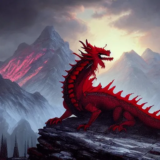 Image similar to a giant red dragon sitting on blizzardy mountains, Matte painting , detailed painting, made by Greg Rutkowski, 4k resolution, atmospheric, extremely high detail