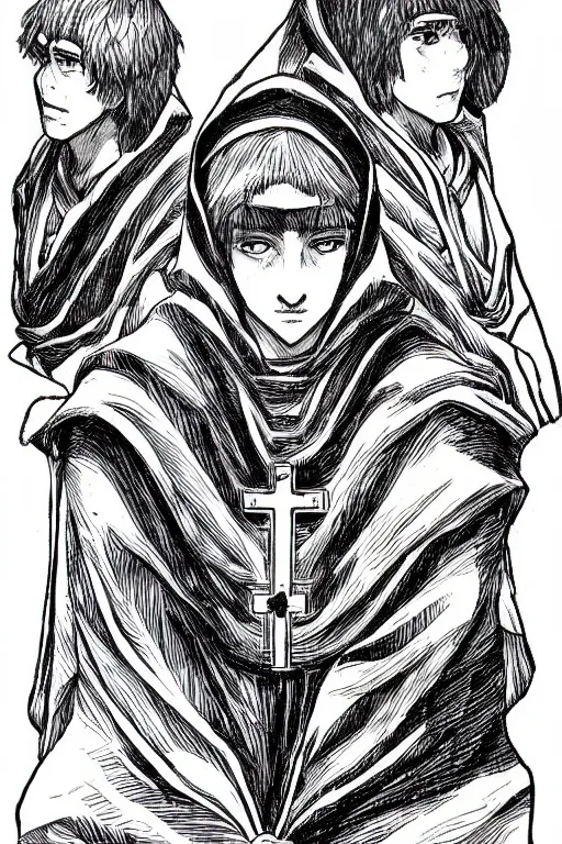 Image similar to portrait of Daniel Trejo as church nun, intricate, highly detailed, artstation, manga illustration by Kentaro Miura