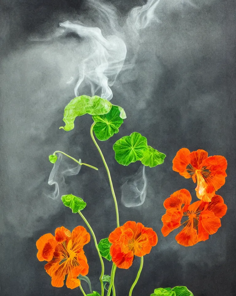 Image similar to photorealistic still life of nasturtium surrounded by blueish smoke with soft light piercing through a side window in a pitch black dark room