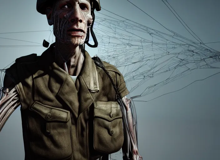 Prompt: mid shot portrait of wwii soldier with transparent skin, visible muscle and bones and veins and nerves, david cronenberg, hyperrealism, detailed textures, photorealistic 3 d cyberpunk apocalyptic city, futuristic clothing and helmet, ultra realistic, cinematic, intricate, cinematic light, unreal engine 8 k, octane render, unreal engine by david kostic and stanley lau and artgerm