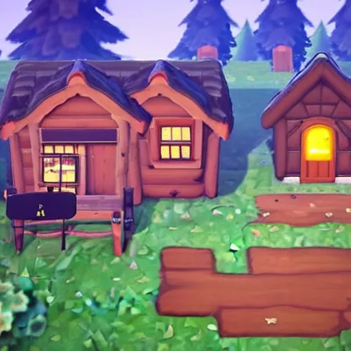 Image similar to a photo of a Eerie cabin in the middle of the woods in the style of Animal Crossing new horizons, gameplay footage