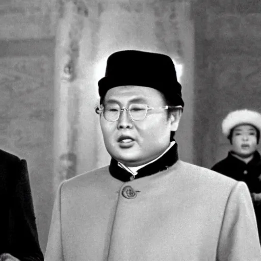 Image similar to filmstill of Kim Jong-il wearing a chapka in the role of Doctor Zhivago by David Lean, 1965, cinemascope, 35mm film, epic romance