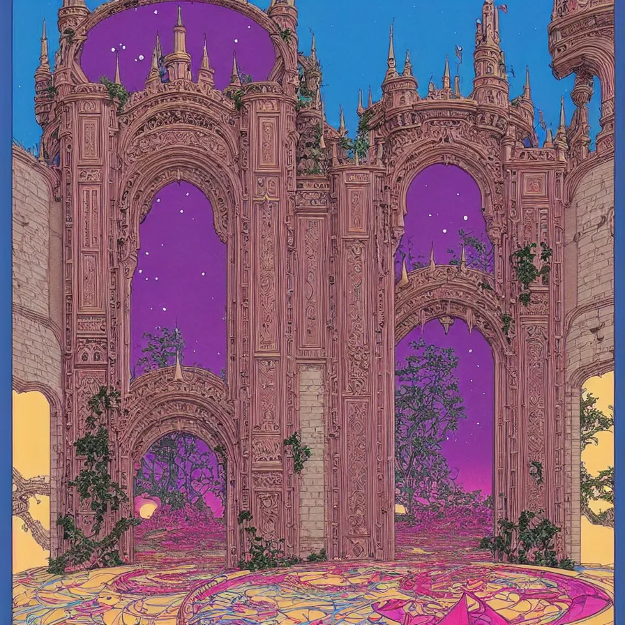 Image similar to ( ( ( ( entrance of the huge castle, with decorative frame design ) ) ) ) by mœbius!!!!!!!!!!!!!!!!!!!!!!!!!!!, overdetailed art, colorful, artistic record jacket design