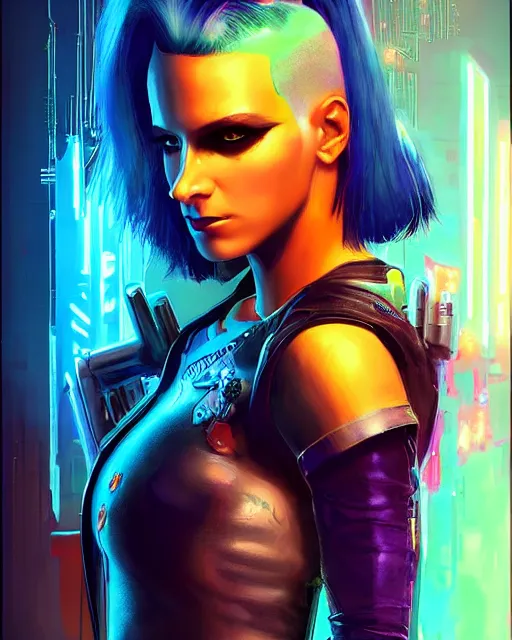 Image similar to a stunning portrait of a cyberpunk queen. she has short neon colored hair and blue eyes. she's a cyberpunk 2 0 7 7 character. digital art by frank frazetta and julie bell, medium shot portrait, highly detailed, trending on artstationhq