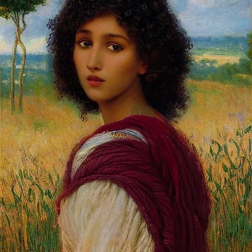 Image similar to somali woman with curly hair, fedosenko roman, j. w. godward, jose miguel roman frances, intricate details, solid color backdrop, countryside, dreamy, impressionist, figurative