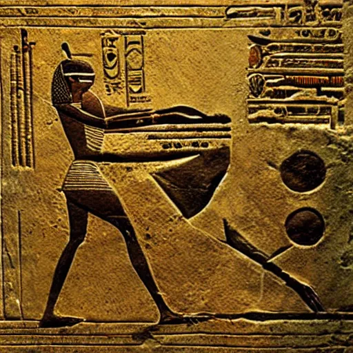 Image similar to a fragment of ancient egyptian hierographic panel Art, art of a spaceship in art style of ancient art, fragmented, a spaceship!!!!! Ancient Egypt art