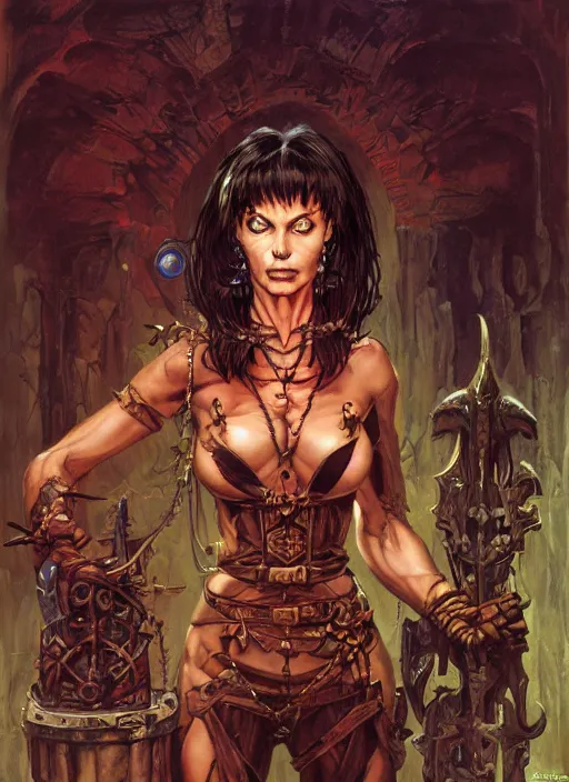 Image similar to a highly detailed symmetrical painting of a female sorcerer with piercing eyes in a dungeon, dynamic lighting, ambient lighting, deviantart, art by frank frazetta and glenn fabry