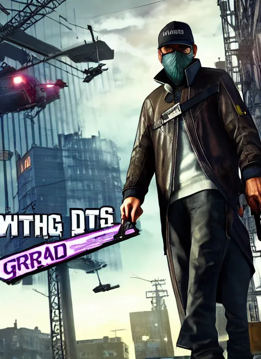 Image similar to watch dogs game crossover with grand theft auto, movie poster, 4 k, sharp, official, best movie ever, aiden pearce, marcus, trevor phillips, carl jhonson, michael de santa