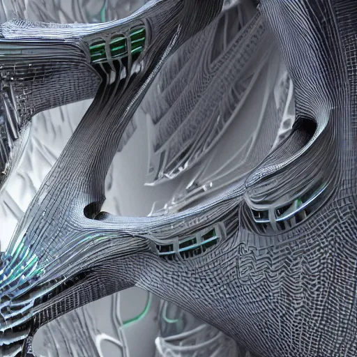 Image similar to cyberpunk 3 d render by zaha hadid, iris van herpen and rick owens. highly detailed, hyper - real, very beautiful, intricate fractal details, very complex, opulent, epic, mysterious, polished, futuristic design, trending on deviantart and artstation