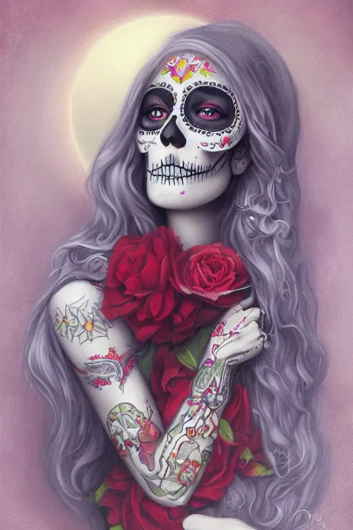 Prompt: illustration of a sugar skull day of the dead girl, art by tom bagshaw