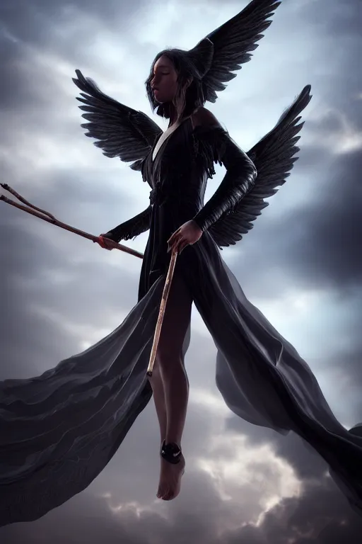 Image similar to beautiful woman with black angelic wings holding a magical staff, falling from the sky, cinematic lighting, dramatic atmosphere, 4k resolution, trending on artstation