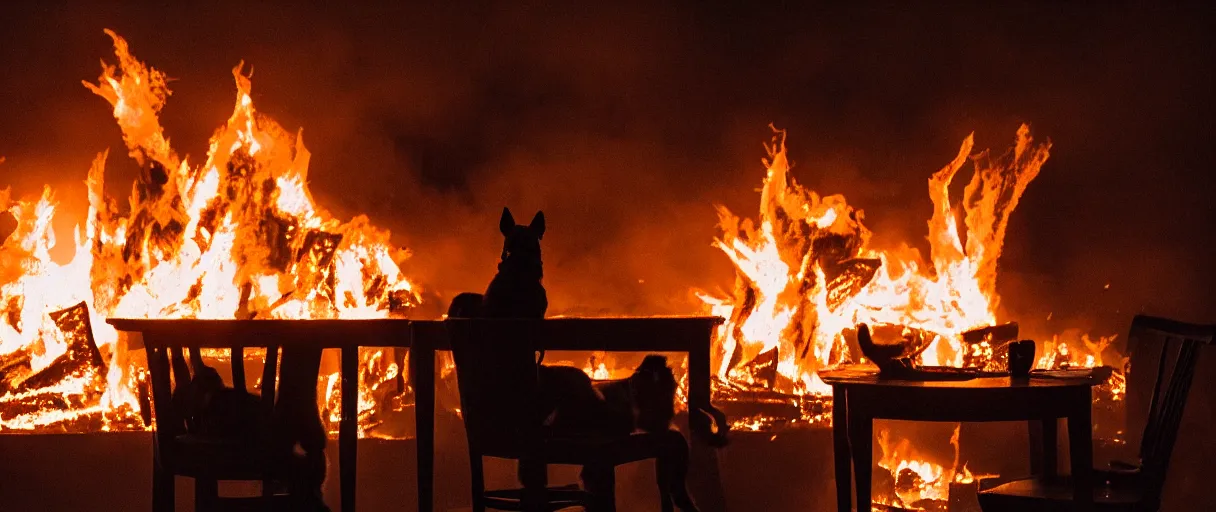 Image similar to a studio photograph (big flash on) of a huge fire on a dining room on fire in the background, in the foreground a relaxed dog sitting on a wooden chair at a table (no fire at all there), lights on, ☕ on the table, surrounded by flames, a lot of flames behind the dog, black smoke instead of the ceiling, no watermark