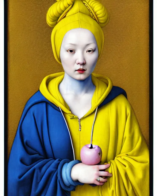 Image similar to portrait of a curvy woman with blue hair buns, wearing a yellow hoodie, standing in a botanical garden, intricate details, high detail, in the style of rogier van der weyden and jacopo da pontormo, by mark ryden, punk, asian art,