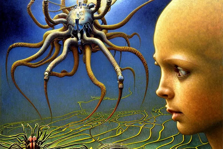 Image similar to realistic extremely detailed portrait closeup painting of a ghost kid playing with giant spider, futuristic sci-fi landscape on background by Jean Delville, Amano, Yves Tanguy, Alphonse Mucha, Ernst Haeckel, Edward Robert Hughes, Roger Dean, rich moody colours, blue eyes