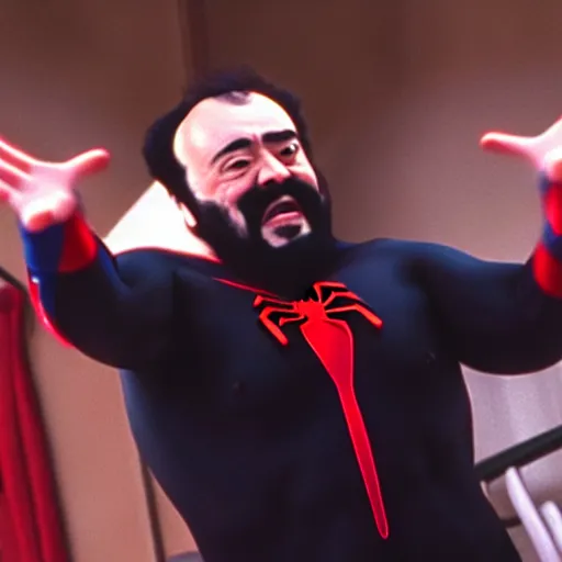 Image similar to luciano pavarotti as spiderman, highly detailed, 8 k