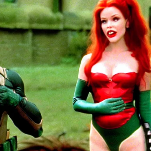 Prompt: Scarlet Johnasson pregnant as Poison Ivy, Batman & Robin 1997 movie screenshot