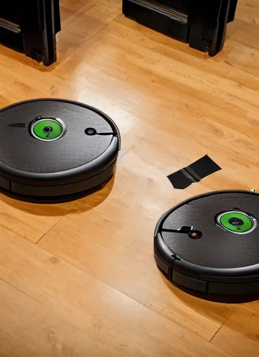 Image similar to two roombas with knives duct taped to their tops fighting to the death