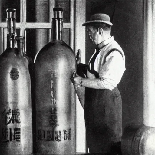 Image similar to a man supervising the unsealing an important bottle of spirits