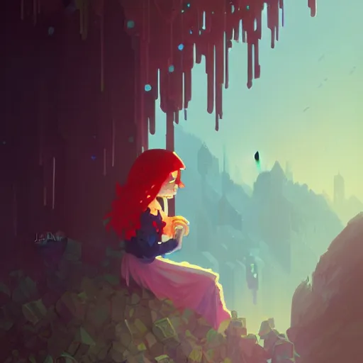 Prompt: madeline from celeste, pixel art, highly detailed, digital painting, artstation, concept art, sharp focus, illustration, art by greg rutkowski and alphonse mucha