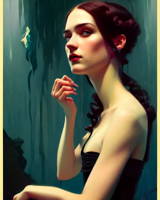 Image similar to stylized portrait of an artistic pose, composition, young victorian sad fancy lady, surrounded by snakes, cinematic moody colors, realistic shaded, fine details, realistic shaded lighting poster by ilya kuvshinov, magali villeneuve, artgerm, jeremy lipkin and michael garmash and rob rey