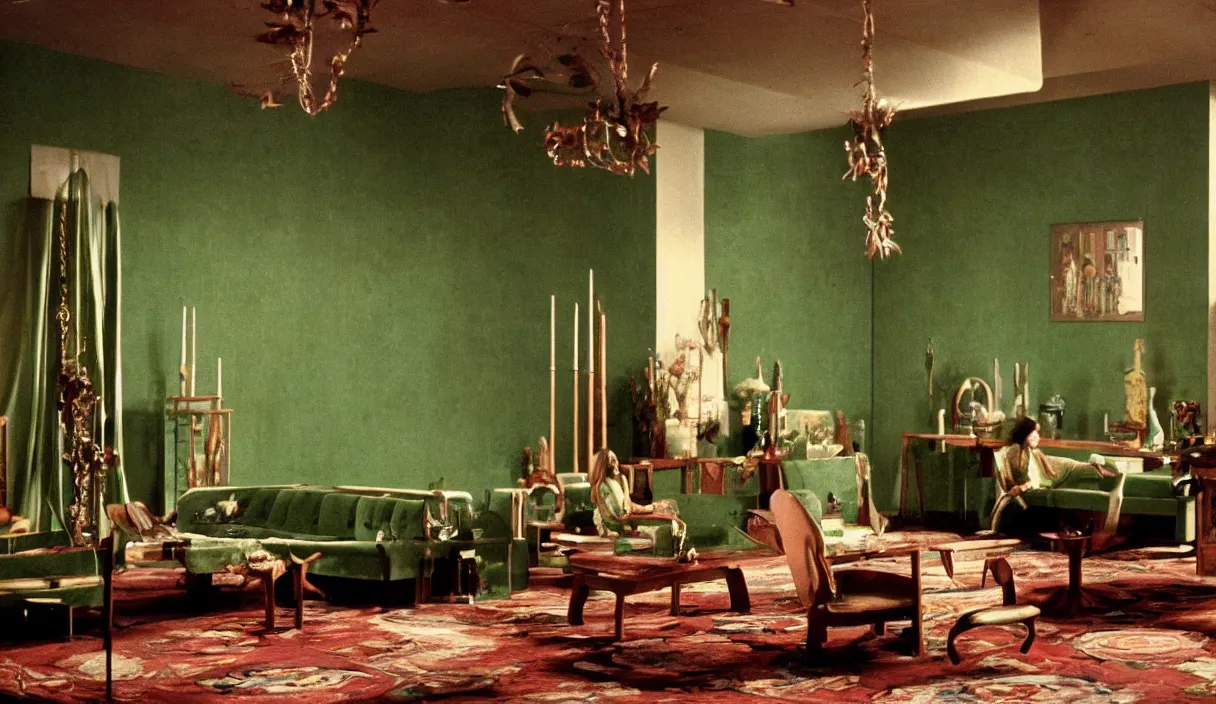 Prompt: a still of severance series indoor 7 0 s green velvet and wood with metal furniture office scenario appearing in a film of parajadnov, in movie color of the pomegranates ( 1 9 6 9 )