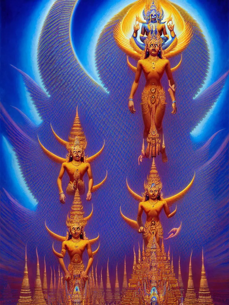 Prompt: a dmt blue and golden angel goddess hindu entity thai architecture, hyperspace technopalace, iridescent, tim hildebrandt, wayne barlowe, bruce pennington, donato giancola, trending on artstation, cinematic composition, beautiful lighting, hyper detailed, 8 k, oil on canvas