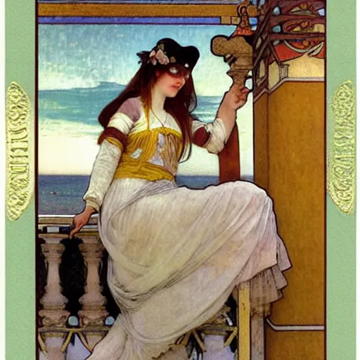 Image similar to A girl with jester hat and clothes on a greek archi circle on the front of a Balustrade with a beach and a sail boat on the background, major arcana cards, by alphonse mucha and arnold böcklin arnold böcklin arnold böcklin, paul delaroche, hyperrealistic 8k, very detailed