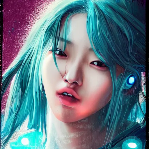 Prompt: a photo portrait of kim sung hee in the rain with blue hair, cute - fine - face, pretty face, cyberpunk art by sim sa - jeong, cgsociety, synchromism, detailed painting, glowing neon, digital illustration, perfect face, extremely fine details, realistic shaded lighting, dynamic colorful background