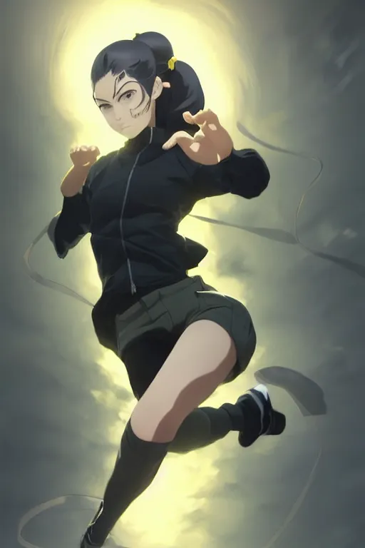 Image similar to black ponytail hair, pale woman in a black zipper jacket, yellow eyes, by artgerm, hair tied in a ponytail, white backdrop, soft lighting, fighting pose, dynamic angle, by greg rutkowski makoto shinkai takashi takeuchi