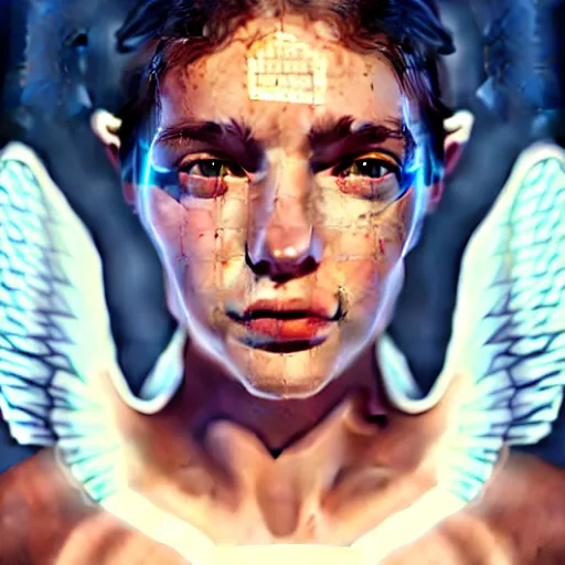 Image similar to portrait art of female angel, art by alessio albi 8 k ultra realistic, angel wings, lens flare, atmosphere, glow, detailed, intricate, full of colour, led lighting, trending on artstation, 4 k, hyperrealistic, focused, extreme details, unreal engine 5, masterpiece