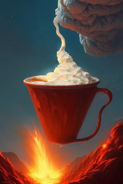 Image similar to coffee cup with volcano erupting inside the whipped cream on top of the cup, stephen bliss, unreal engine, fantasy art by greg rutkowski, rhads, ferdinand knab, makoto shinkai and lois van baarle, ilya kuvshinov, rossdraws, tom bagshaw, global illumination, radiant light, red blue theme, pine forest