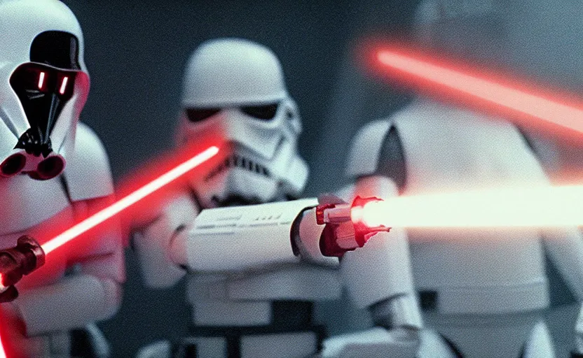 Prompt: a screenshot of a female sith lord in white approaches with a lightsaber, surrounded by dark troopers, red environment, from the 1979 film directed by Stanley Kubrick, shot on anamorphic lenses, cinematography, 70mm film, lens flare, kodak color film stock, ektachrome, immensely detailed scene, 4k