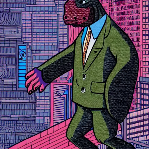 Prompt: detailed intricate colour illustration of a dinosaur wearing a business suit, comic art, cyberpunk