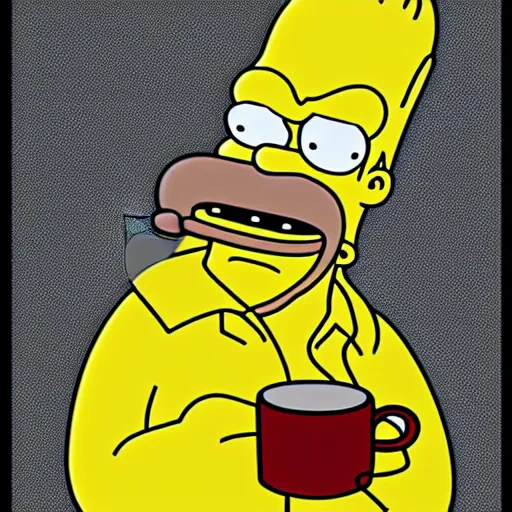 Image similar to cup of coffee with eyes nose and mouth smoking cigar simpsons style