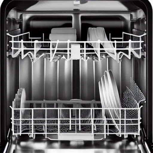 Prompt: The inside of a dishwasher has a single rusty frying pan, studio lighting, professional photography