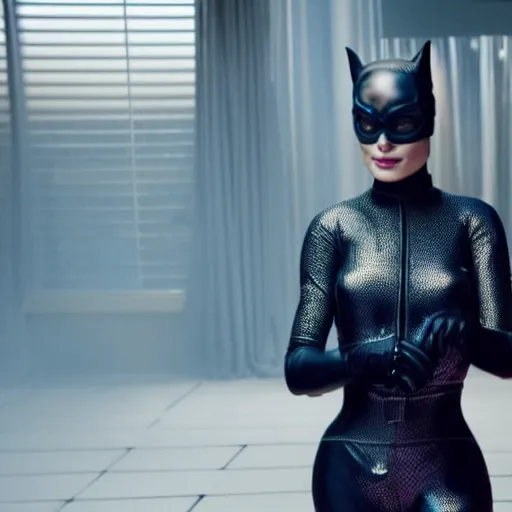 Image similar to Margot Robbie as real-life Catwoman, cinematic, Wide-shot, atmospheric lighting, directed by Quentin Tarantino, extreme detail, 8K, movie still
