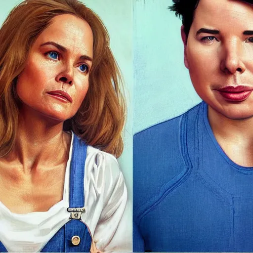 Image similar to portrait of michael mcintyre & a blonde fuller figured middle aged barbara bach from the bond film wearing blue dungarees and eating ice creams in porto, real life skin, intricate, elegant, highly detailed, artstation, concept art, smooth, sharp focus, art by artgerm and greg rutkowski and alphonse mucha