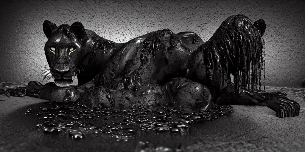 Image similar to a black lioness made of tar, bathing inside the bathtub full of tar, dripping ferrofluid, drooling ferrofluid. dslr, photography, realism, animal photography, modern bathroom, photorealistic, 8 k resolution, v - ray, 3 d render