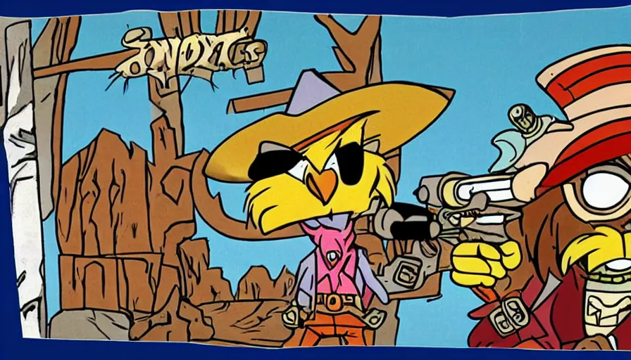 Image similar to 1990s cartoon show screenshot about a gunslinging owl from the wild west, wearing a cowboy hat an eye mask, standing in an old west town the animated show