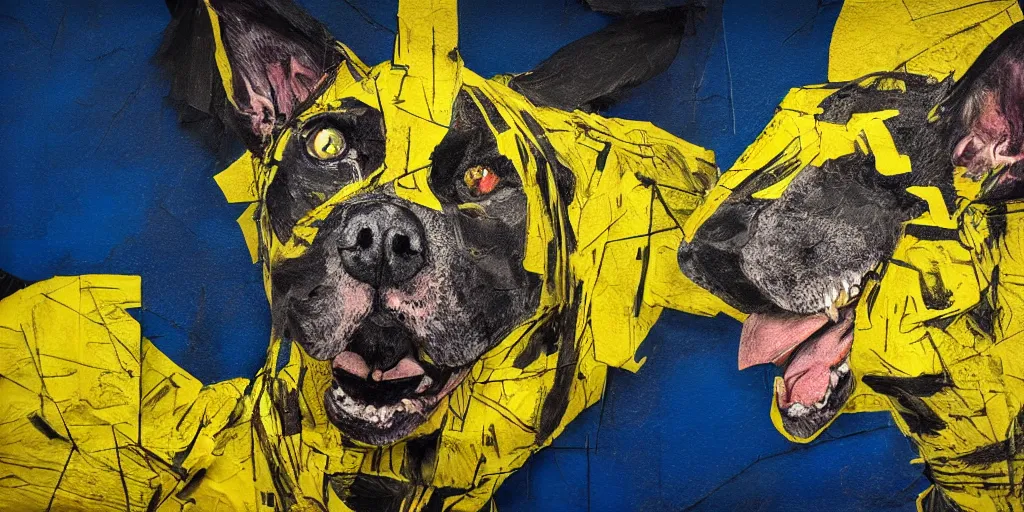 Image similar to rendered in blender scary dog on wired, yellow, blue and black, collage paper and tape, acrylic on canvas, hyperrealism mixed with expressionism, high resolution, cinematic, unreal 6, breathtaking detailed, by blake neubert