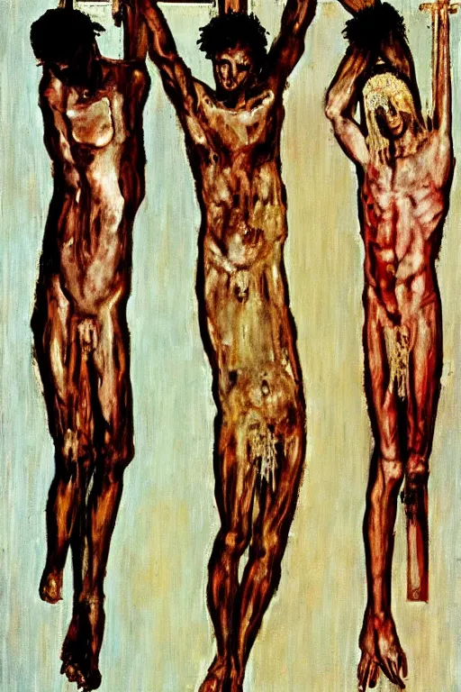 Image similar to jesus christ crucified painted by cy twombly, basquiat and andy warhol