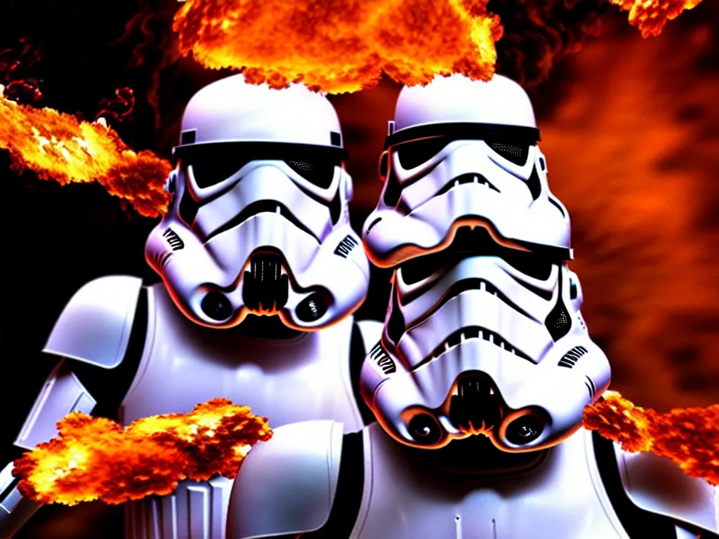 Image similar to storm trooper in a battle, smoke, fire, explosions, chrome, shiny, reflective, metallic, 3 d render, realistic, hdr, stan winston studios, dramatic lighting, flame colors bright,