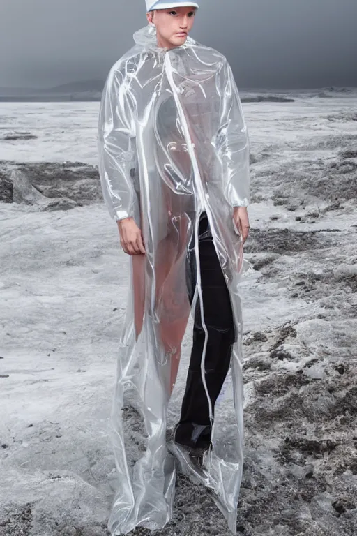 Image similar to an ultra high definition professional high fashion portrait studio full length photograph of a model wearing a transparent pearlescent raincoat and neon visor in an icelandic black rock environment at dawn. no artefacts. extremely detailed. stark. refraction. shallow depth of field. volumetric light and shadow. ray tracing. light rays.