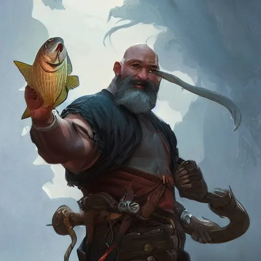 Image similar to wow! fanart young black bearded and bald man with a fish in his hand, d & d, high fantasy, detailed, digital art, artstation, smooth, sharp focus, art by artgerm, greg rutkowski, alphonse mucha