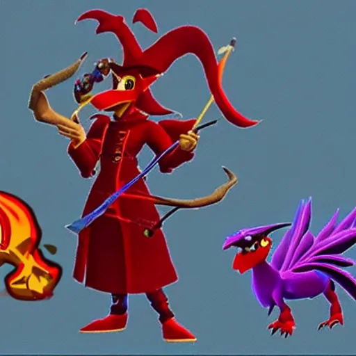 Image similar to screenshot of a humanoid gryphon bard with a red coat as an enemy in spyro the dragon video game, with playstation 1 graphics, activision blizzard, upscaled to high resolution