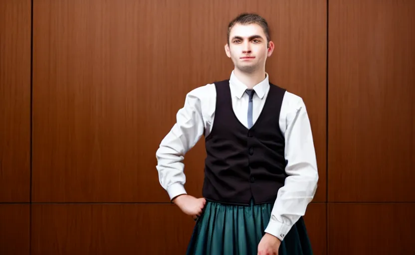 Prompt: portrait a beautiful a man in a skirt in a courtroom